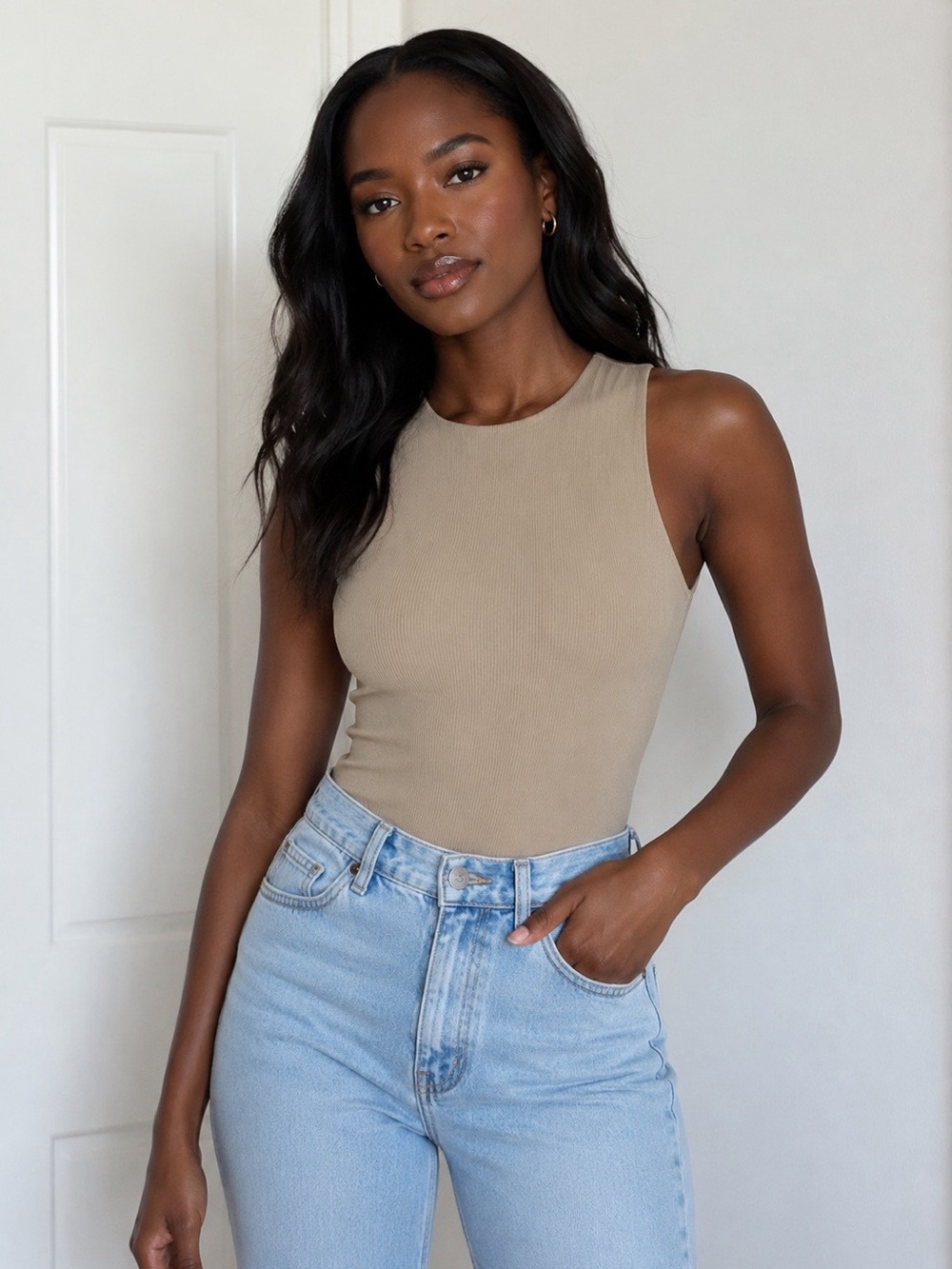 Abercrombie & Fitch Tan Sleeveless Ribbed Refined Seamless Bodysuit Small